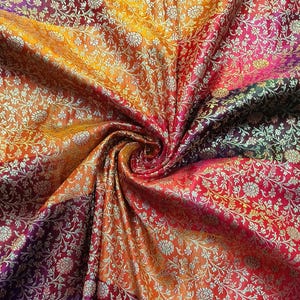 Particoloured Gold Floral Silk Brocade Fabric: Indian Wedding Dress Textile