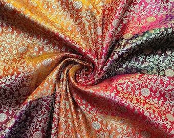 Particoloured Gold Floral Silk Brocade Fabric: Indian Wedding Dress Textile