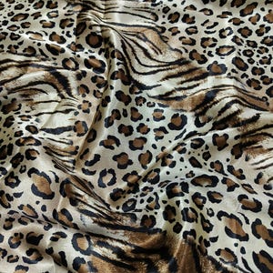 Premium Quality Animal Print Satin Fabric By The Yards, Rich Black & Brown Tone Leopard Skin Animal Print Silk Satin For Bridal Dress Fabric