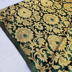 Emerald Green Silk Brocade Fabric: Gold Floral Indian Wedding Dress Material