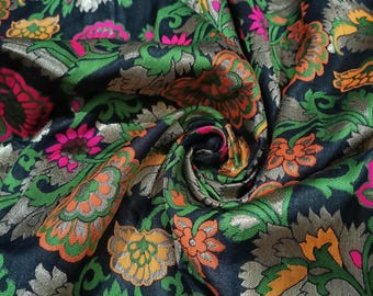 Indian Silk Brocade Fabric by the Yard, Banarasi Floral Jacquard Fabric for Wedding, Skirts & Upholstery