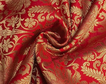 Red and Gold Silk Brocade Fabric: Indian Wedding Bridal Dress Material