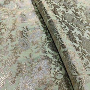 Brocade Fabric By The Yards, Indian Brocade Fabric, Mint Green and Gold Brocade Fabric, Wedding Indian Brocade Bridal Dresses Fabric