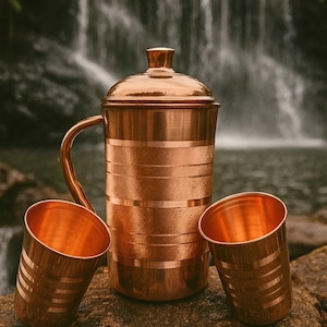Könnte beinhalten: Eine Kupferwasserkanne mit Deckel und Griff, zusammen mit zwei passenden Kupferbechern. Die Kanne und die Becher weisen horizontale Streifenmuster auf. Die Artikel werden auf einem Felsen mit einem Wasserfall im Hintergrund präsentiert.