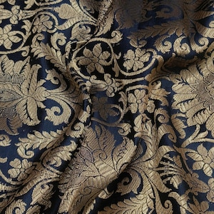 Black & Gold Silk Brocade Fabric, Brocade Fabric By The Yards, Luxurious Floral Brocade Fabric, Wedding Indian Brocade Bridal Dresses Fabric