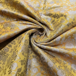 Yellow Silk Brocade Fabric: Silver Floral Weave, Indian Bridal Dress
