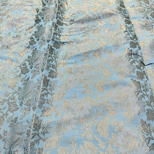 Indian Silk Brocade Fabric, Silk Brocade Fabric By The Yards, Sky Blue Colour Indian Brocade Fabric, Indian Brocade For Wedding Bridal Dress
