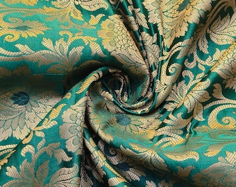 Green & Gold Banarasi Brocade Fabric: Indian Silk Wedding Dress Material