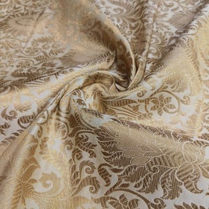 Cream & Gold Floral Silk Brocade Fabric, Brocade Fabric By The Yards, Indian Brocade Fabric, Wedding Indian Brocade Bridal Dresses Fabric