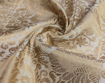 Cream & Gold Floral Silk Brocade Fabric: Indian Wedding Bridal Dress Material