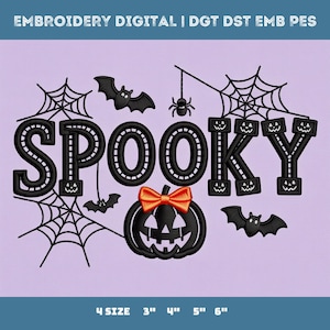 Halloween Spooky Embroidery File Gothic Pumpkin Bat Spider Web Lettering Design for Sweatshirt Tote Decor
