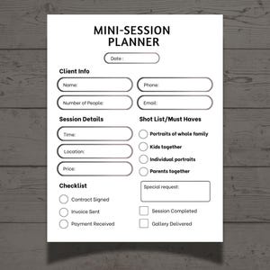 Minimalistisk mini-sessionsplanerare för fotografer: Utskrivbar PDF och Canva-mall