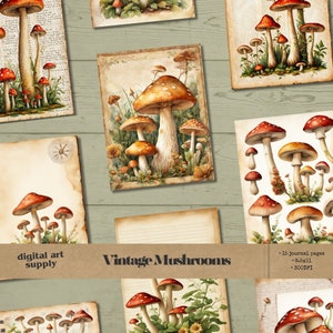 Páginas de diário de cogumelos vintage para diários indesejados, fundos de cogumelos retrô, pacote de papel de álbum de recortes vintage, papel digital para download digital