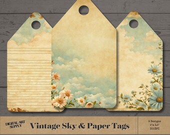 étiquettes pour cadeaux ciel vintage, étiquettes en papier vintage, étiquettes de scrapbooking ciel vintage, étiquettes cadeaux fête des mères, étiquettes de journal indésirable, téléchargement immédiat