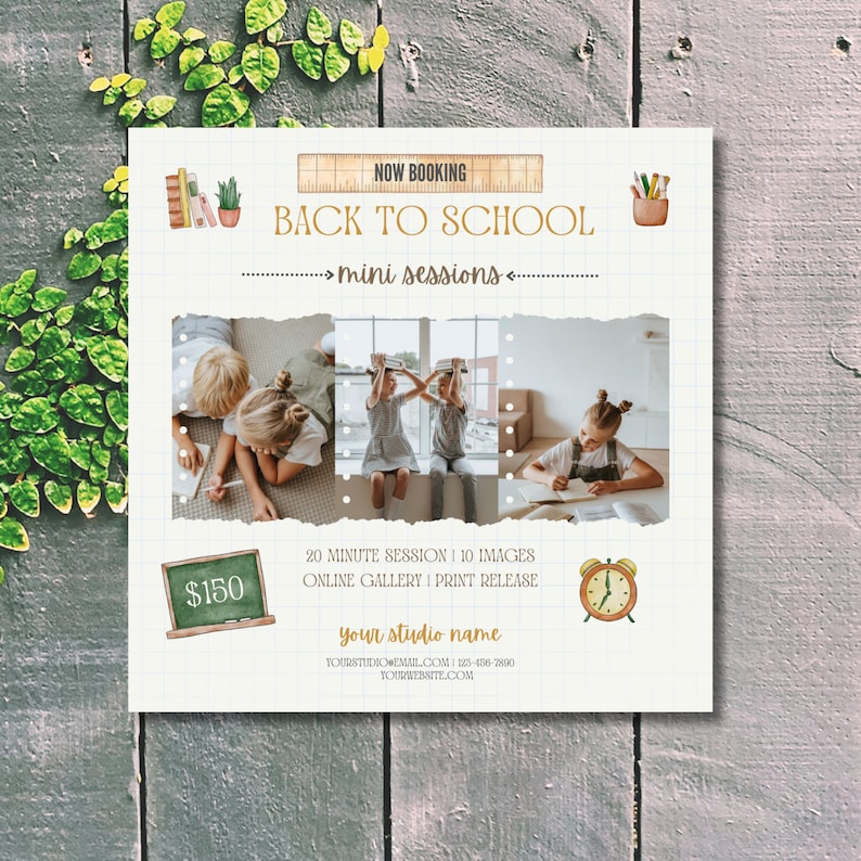 Op de afbeelding: Een witte en bruine flyer voor een mini-sessie met het thema 'Terug naar school' met een schoolbord waarop &euro; 150 staat. De flyer toont drie foto's van kinderen in een klaslokaal. De flyer bevat ook de tekst 'NOW BOOKING', 'BACK TO SCHOOL', 'mini sessions', '20 MINUTE SESSION | 10 IMAGES', 'ONLINE GALLERY | PRINT RELEASE', 'your studio name', 'YOURSTUDIONAME.COM | 123-456-7890' en 'YOURWEBSITE.COM'.