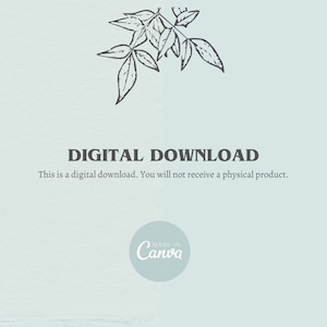 Op de afbeelding: Een digitale download-afbeelding met een lichtblauwe achtergrond en een bladontwerp in de bovenhoek. De tekst "DIGITALE DOWNLOAD" is zwart en de tekst "Dit is een digitale download. Je ontvangt geen fysiek product." is zwart. De tekst "MADE IN Canva" staat in een cirkel met een lichtblauwe achtergrond.