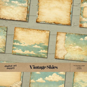 Pagine di diario Vintage Skies per diari spazzatura, sfondi cielo con nuvole, pacchetto di carta per album vintage, foglio di collage scaricabile digitalmente