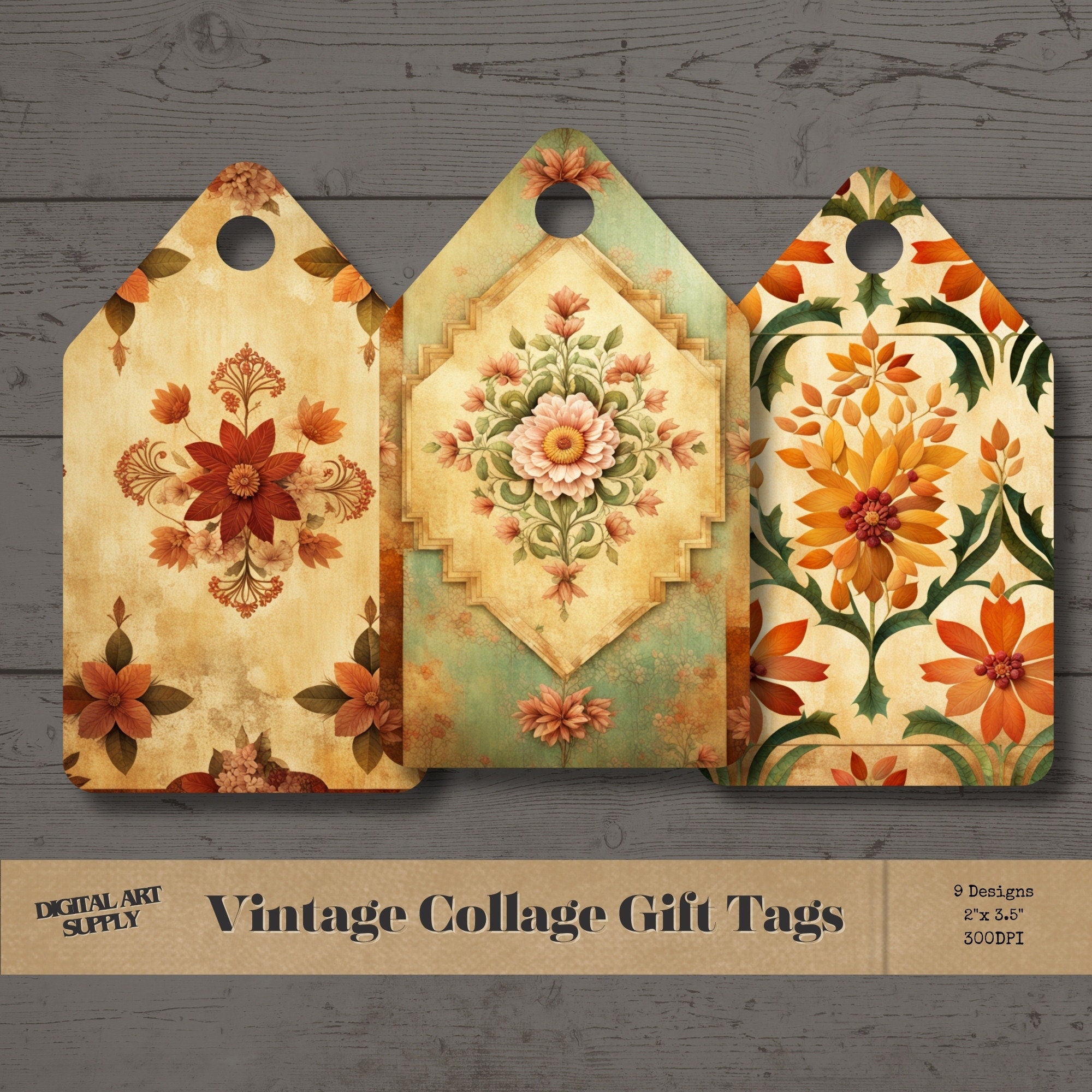 Vintage Wallpaper Gift Tags: Collage Scrapbooking Embellishments (PNG, JPEG, PDF)