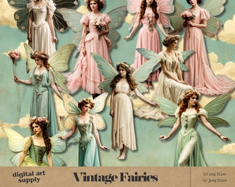 Clipart fées vintage, poupées en papier imprimable, fées vintage PNG, poupées en papier numérique, journal indésirable de fées, coupe difficile, fée vintage