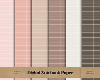Pode incluir: Papel de caderno digital em seis cores, incluindo tons de rosa, bege e castanho. Cada folha tem um padrão de grade com linhas horizontais. O texto na imagem diz "Digital Notebook Paper" e "A4 & Letter Sizes".