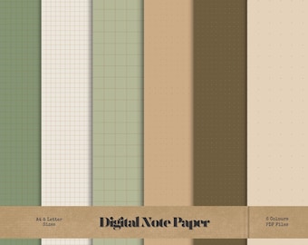 May include: Digital note paper in six colors, including green, beige, and brown, with grid and dot patterns. The text "Digital Note Paper" is displayed on a brown banner, with "A4 & Letter Sizes" and "6 Colours PDF Files" below.