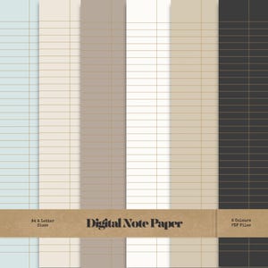 Könnte beinhalten: Digitales Notizpapier in sechs Farben, darunter Hellblau, Beige und Schwarz, mit horizontalen Linien. Das Papier ist in den Größen A4 und Letter erhältlich. Der Text "Digital Note Paper" wird auf einem braunen Banner angezeigt.