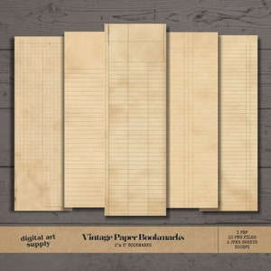 Op de afbeelding: Vier vintage papieren bladwijzers met verschillende rasterpatronen. De bladwijzers zijn 5,1 cm bij 15,2 cm en zijn beschikbaar in PDF, PNG en JPEG-formaten. De afbeelding bevat de tekst "Vintage Paper Bookmarks 2"x 6" BOOKMARKS 1 PDF 10 PNG FILES 2 JPEG SHEETS 300DPI".