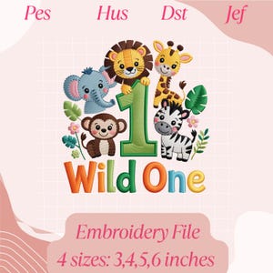 Wild One Embroidery File, 1st Birthday Jungle Safari Animals Design, Cute Lion Giraffe Elephant Monkey Zebra Machine Embroidery Design