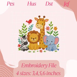 Safari Animals Embroidery Designs – Elephant, Giraffe, Zebra, Lion Machine Embroidery Patterns, Jungle Animal Embroidery, Instant Download