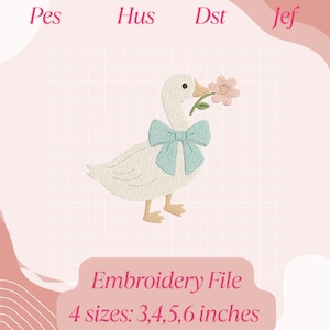 Silly Goose Embroidery Design, Cute Baby Goose with Big Bow, Machine Embroidery File, 4 Sizes Included, Digital Download, Goose Pattern