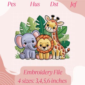 Safari Animals Embroidery Design: Lion, Elephant, Giraffe (Digital File)