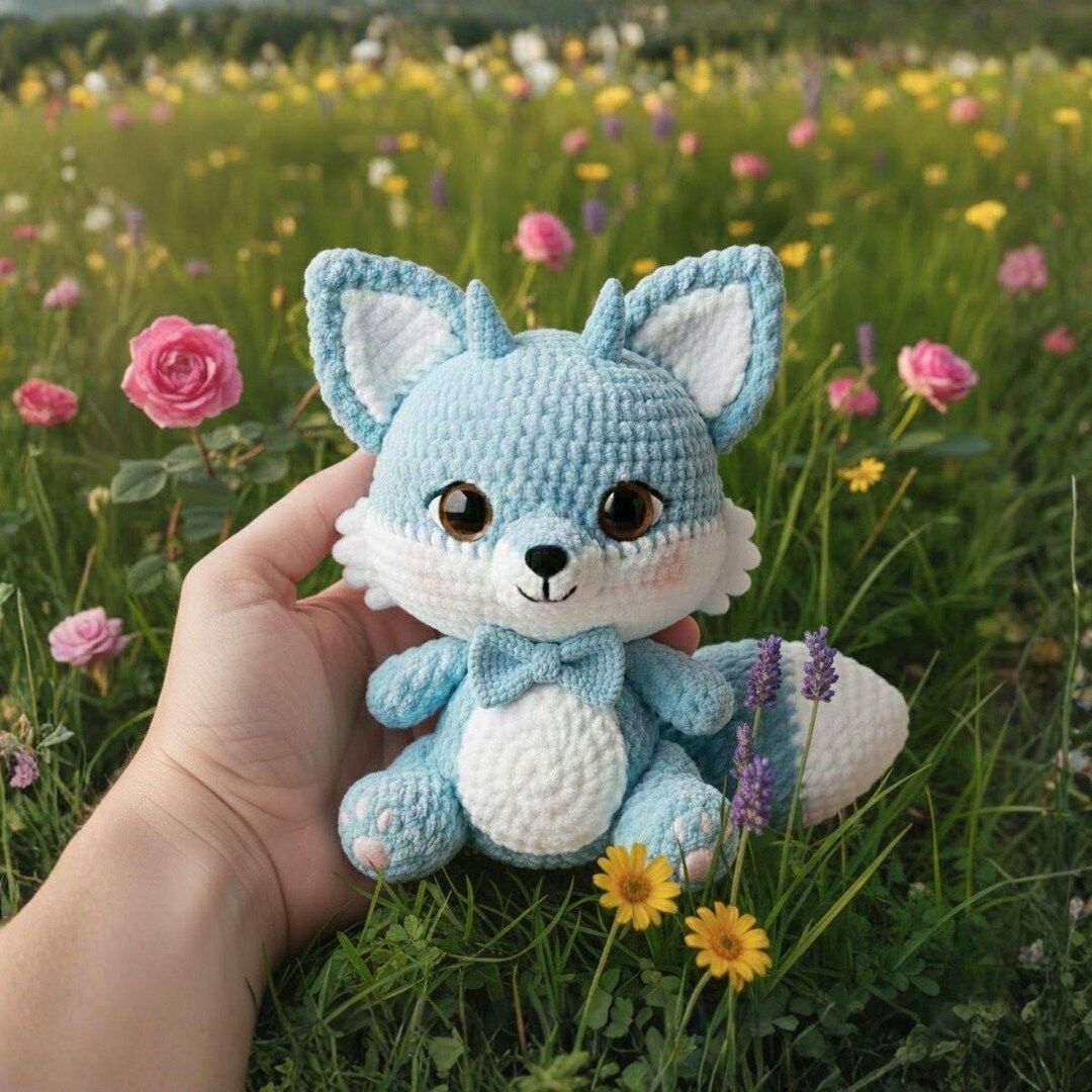 Handmade Crochet Fantasy Fox Plush, Amigurumi White Blue Fox Doll, Cute ...