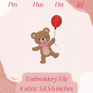 Cute Teddy Bear Embroidery Design, Baby Bear Machine Embroidery File, 5 Sizes Included, Instant Download, Digital File for Embroidery Hoop