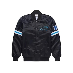 Vintage Carolina Panthers Satin Bomber Jacket – Black NFL Varsity Letterman Coat, Retro Football Fan Jacket, Unisex Outerwear