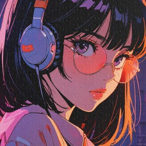 以下が含まれることがあります： 黒髪でヘッドホンとピンク色のサングラスをかけた人物のアニメ風イラストが描かれたジグソーパズル。このアートワークは、ピンク、紫、オレンジの色合いを使った鮮やかなカラーパレットで、視覚的に魅力的な美しさを生み出しています。