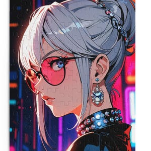 Neon Elegance Puzzle - Glam Anime Girl with 80s Retro Cool (120 / 252 / 500 Pieces)