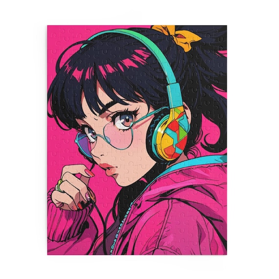 Retro Anime Girl Puzzle - Headphones, Pink Glasses & 90s City Pop