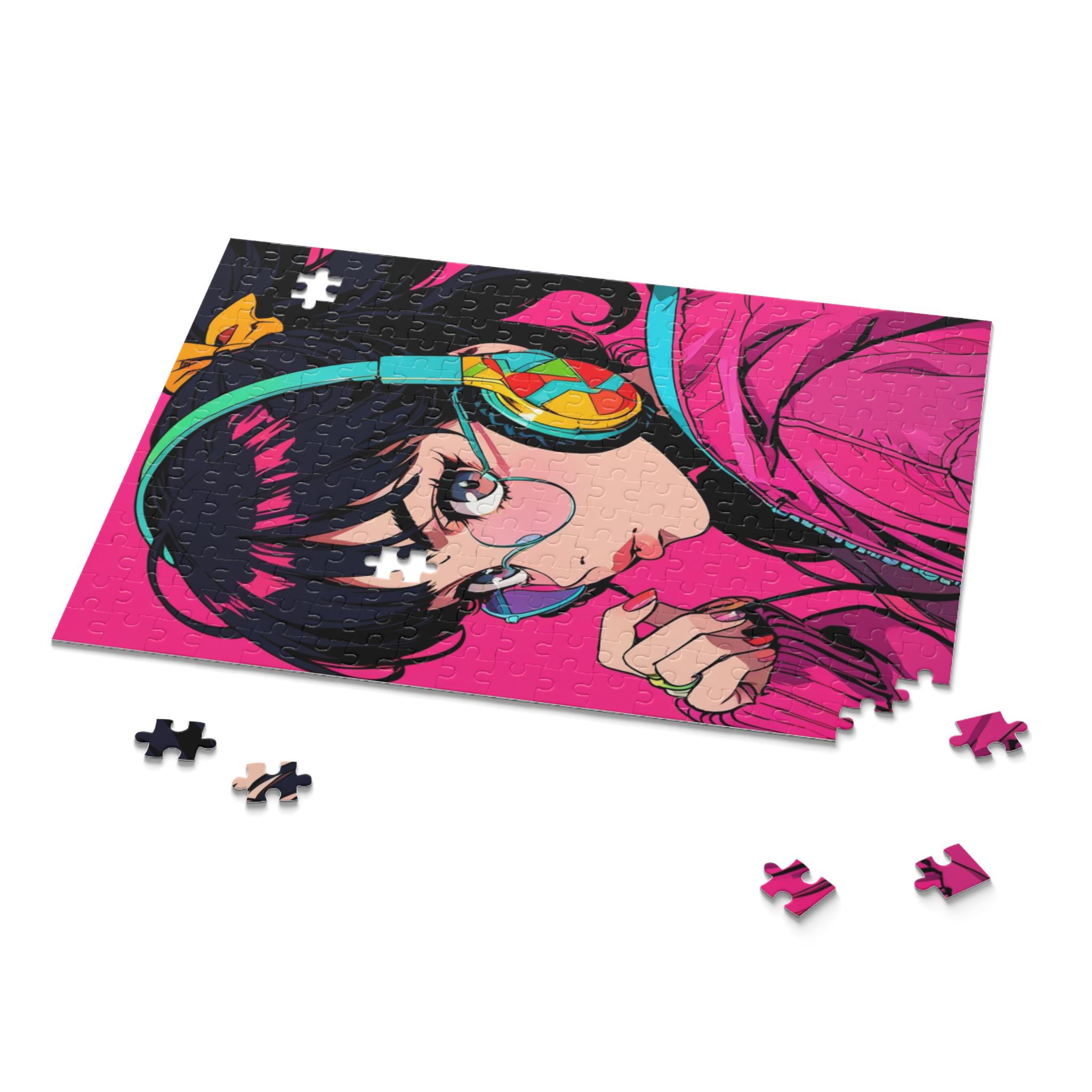 Retro Anime Girl Puzzle - Headphones, Pink Glasses & 90s City Pop