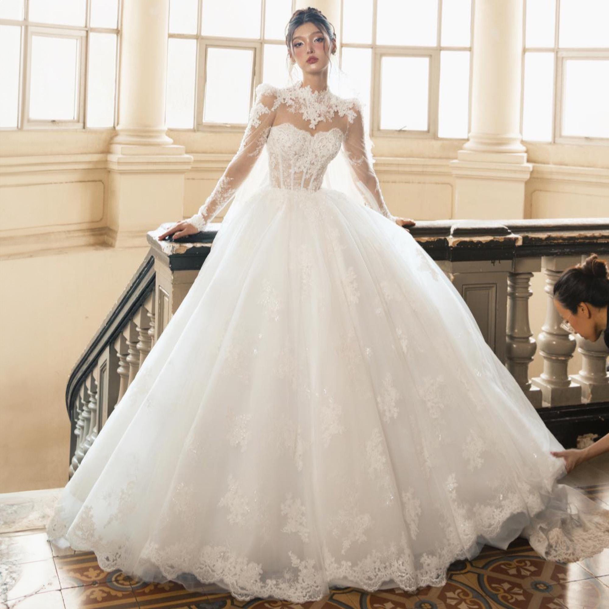 High Neck Wedding Dress Satin Tulle UK