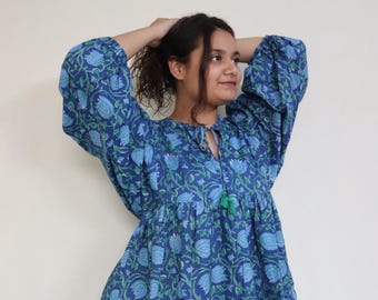 Blue Floral Hand Block Print Cotton Top | Boho Blouse, Jaipur Artisan Summer Wear
