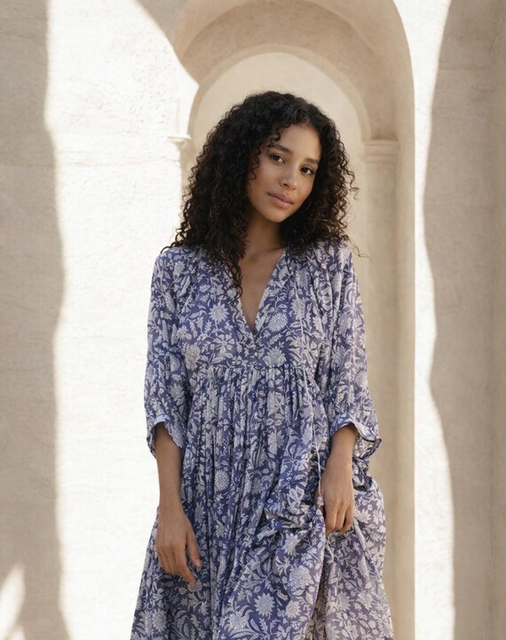 Blue Hand Block Print Cotton Midi Dress | Boho Floral Resort Dress |  Artisan Handmade Summer Dress