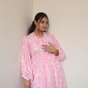 Pink Floral Boho Midi Dress – Puff Sleeve Cottagecore Dress, Vintage Inspired Summer Outfit