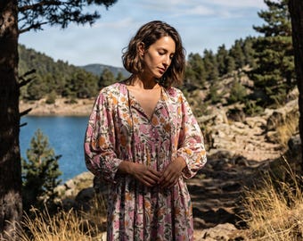Hand Block Print Floral Midi Dress | Pink Cotton Puff Sleeve Maxi | Sustainable Botanical Spring Gown | Bohemian Artisan Summer Dress