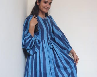 Artisan Made Hand Block Print Cotton Dress | Blue Striped Boho Midi | Gift For Her