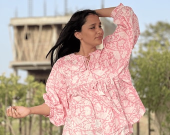 Handmade Floral Hand Block Print Top | Artisan Made Pink Boho Blouse | Loose Fit Cotton Peplum Tunic | Indian Traditional Summer Blouse