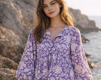 Lavender Floral Hand Block Print Cotton Top | Boho Loose Fit Blouse for Women | Artisan Indian Summer Tunic