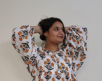 Hand Block Print Cotton Dress | Jaipur Artisan Floral Blouse, Boho Summer Wear