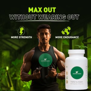 May include: An advertisement featuring a muscular man in a black tank top holding weights, with a white bottle of Ashwagandha supplement. The text reads "MAX OUT WITHOUT WEARING OUT", "MORE STRENGTH", and "MORE ENDURANCE".