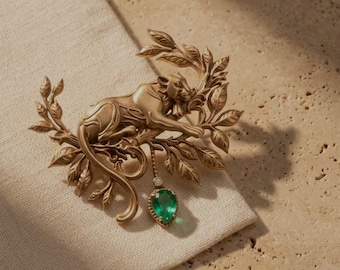 Gold Brass Panther Brooch, Emerald Green Stone, Vintage Style Lapel Pin