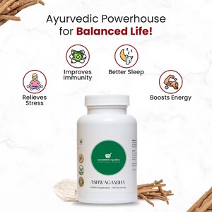 May include: A white bottle of Ashwagandha health supplement with a green label. The label includes the text "cucumber organics" and "ASHWAGANDHA". The image also features illustrations and text promoting benefits like improved immunity, better sleep, and boosted energy.
